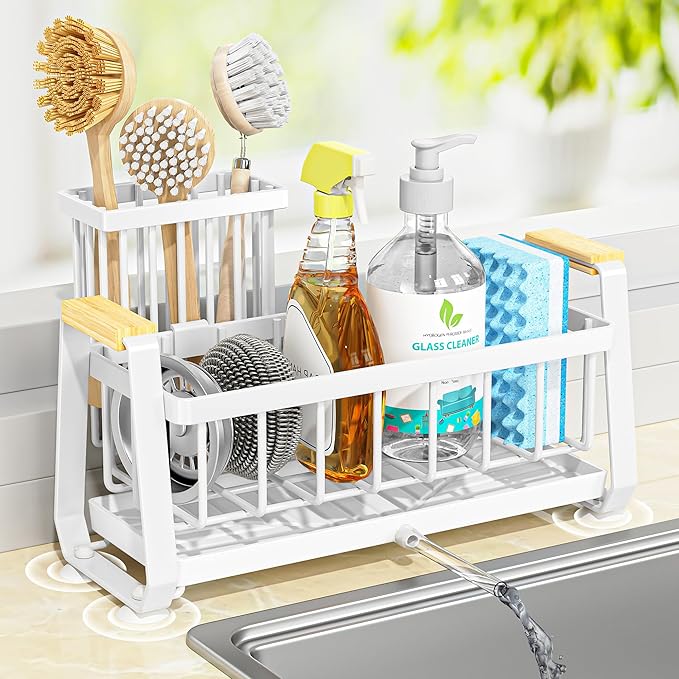 Doasuwish Kitchen Sink Caddy with High Brush Holder,Self-Draining kitchen Countertop Organizer,Rustproof 304 Stainless Steel,Non-Slip Stability High Storage Sponge Holder for Kitchen Sink White