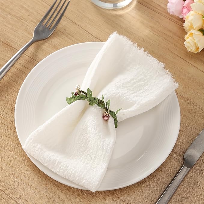 Handmade Cloth Napkins with Fringe, 100% Cotton Napkins, Delicate Handmade Linen Napkins for Dinners, Parties, Weddings and More, 17 x 17 Inch Set of 12 - White
