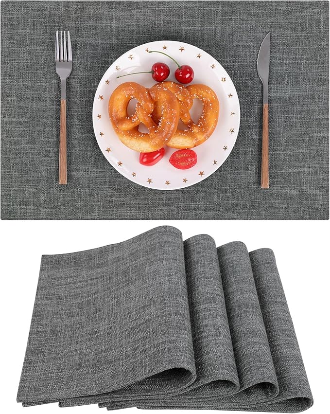 SHACOS Woven Fabric Placemats Set of 4 Heat Resistant Place Mats Non Slip Washable Double Layer Cloth Placemats Reversible Table Mats Kitchen Dining Table Decor (4, Dark Grey)