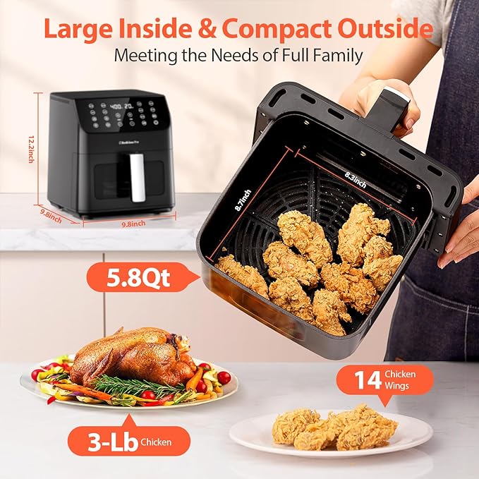 Beelicious 5.8QT Large Air Fryer, 12-in-1 Digital Airfryer with Clear Window, 40+ Recipes, Flavor-Lock Tech, Shake Reminder, Compact, Quiet, Dishwasher Safe, Nonstick (Black)