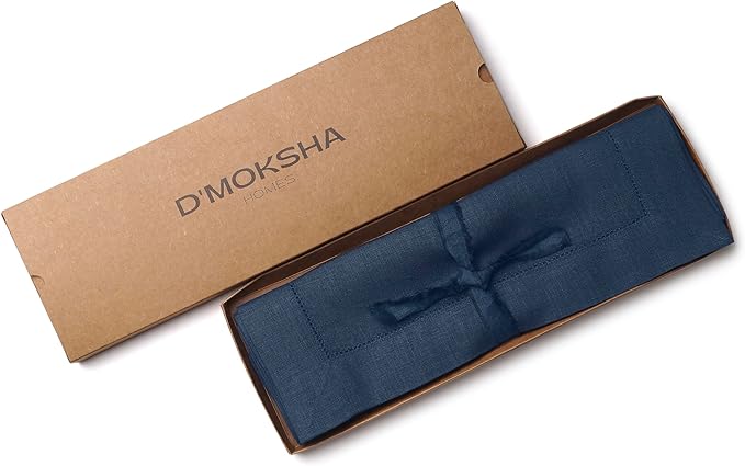 D'Moksha Homes Linen Placemats Set of 4 - Classic Hemstitch Navy Blue Placemats 14 x 19 Inch - 100% Pure Linen Table Mats for Fall, Thanksgiving, Holiday - Handcrafted and Machine Washable