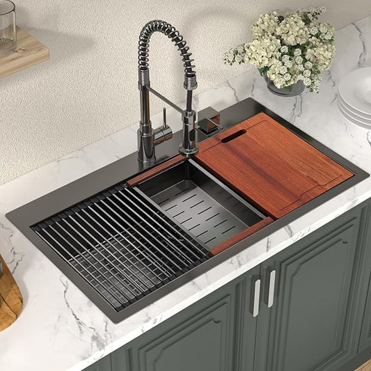 Lordear 33 Inch Black Drop In Kitchen Sink 33x19 Inch Drop in Top Mount Sink 16 Gauge Stainless Steel Single Bowl Ledge Worktation Kitchen Sinks Handmade Deep Basin With Cutting Board, 33"x19"x10"