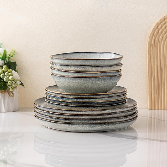 AmorArc Ceramic Dinnerware Sets,Handmade Reactive Glaze Stoneware Plates and Bowls Sets,Highly Chip and Crack Resistant | Dishwasher & Microwave Safe Dishes Set,Service for 4 (12pc)