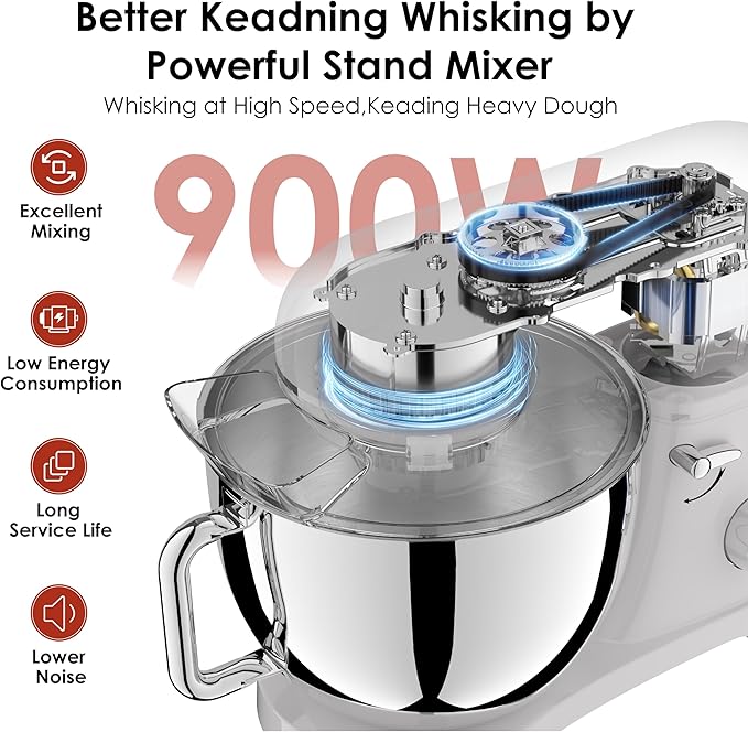 Kitchen in the box Stand Mixer - 6.5 Quart Mixing Bowl with Handle, 900 Watt Powerful Heavy Bread Dough Mixers Tilt-head with Dough Hook, Whisk, Flat Beater and Splash Guard (Red)