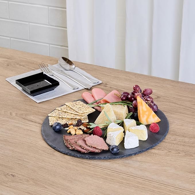 Restaurantware Slate Serving Trays 4 Pack of 11.81" Foam Feet Charcuterie Stone Plates Rustic Edges Freezable Black Square Serving Display Cheese Boards for Kitchen, Gourmet, Dining, Parties
