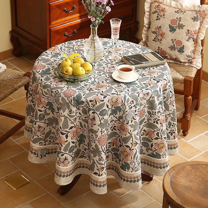Floral Tablecloth for Round Tables,Linen Table Cloth with Gray-Green Tone and Silver Lotus Pattern,Heavy Durable Table Cover for Dining Kitchen Decor Party Christmas,Diameter 67"