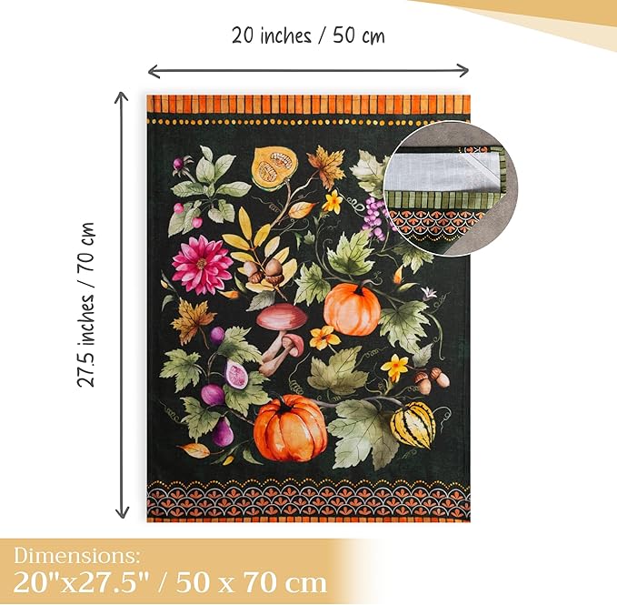 Maison d' Hermine Kitchen Towels Set of 3 100% Cotton 20" x 27.5" Reusable Cloth Tea Dish Towels Absorbent with Hanging Loop for Dining Thanksgiving Christmas Decorations (Pumpkin Garden - Dark Green)