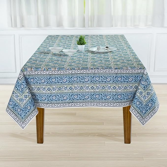 Ridhi Asparagus Green Floral Tablecloth 48x102 Inch Cotton Rectangular Tablecover Hand Block Print Washable Reusable Boho Dining Table Cloth for Wedding Thanksgiving Holiday Decor