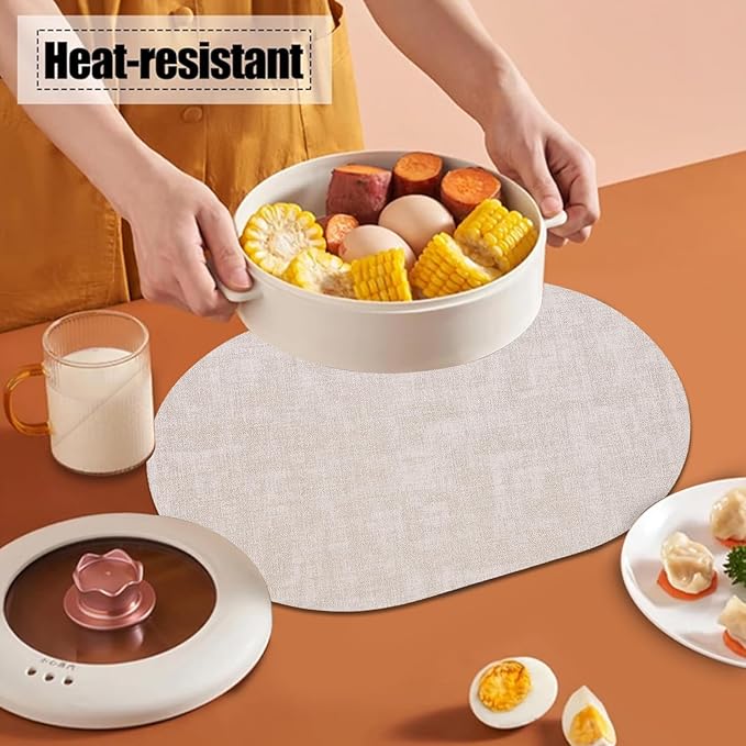 Table Placemats Set of 6 Oval,Beige Faux Leather Placemat Waterproof Reversible,Non Slip Heat Resistant Wipeable Kitchen Placemats for Dining Table,Modern Table Protectors