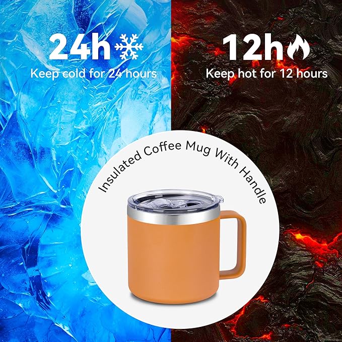 VEGOND 14 oz Insulated Coffee Mug with Handle, Stainless Steel Travel Coffee Mug with Lid, Double Wall Vacuum Metal Coffee Cup, Coffee Tumbler Powder Coated, Orange 1 Pack