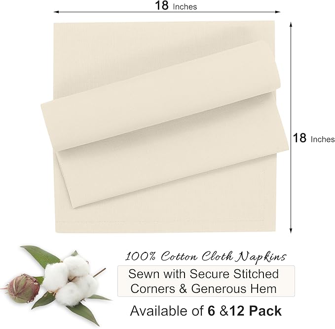 Ruvanti Cloth Napkins Set of 12, 18x18 Inches, 100% Cotton, Washable, Soft & Absorbent, Perfect for Wedding, Christmas, ‎Thanksgiving Dinners - Antique White