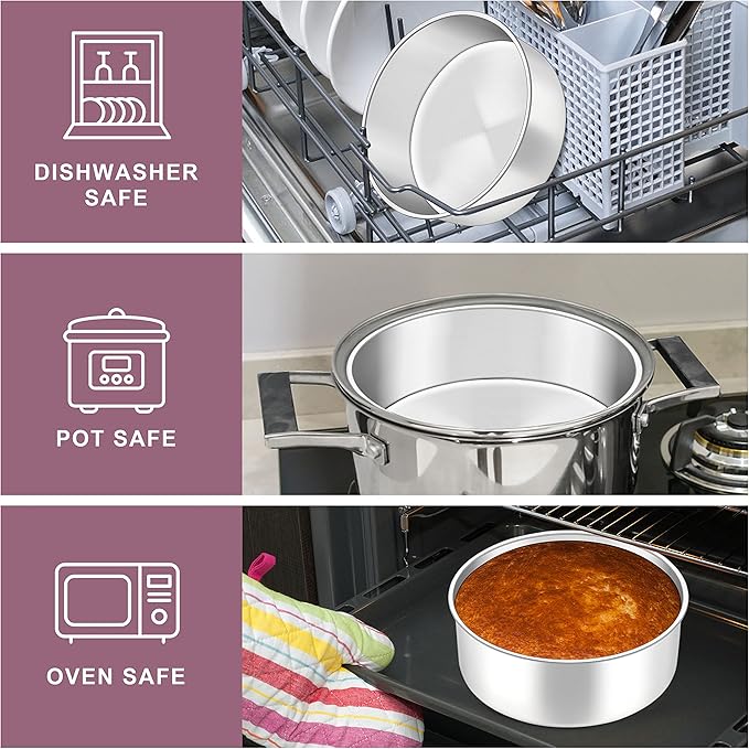 Herogo 8'' x 3'' Cake Pans Set of 2, Stainless Steel Deep 8 Inch Round Baking Pan, for Layer Birthday Wedding Christmas Cakes, Mirror Finish & Healthy, Deep Side & Oven Safe