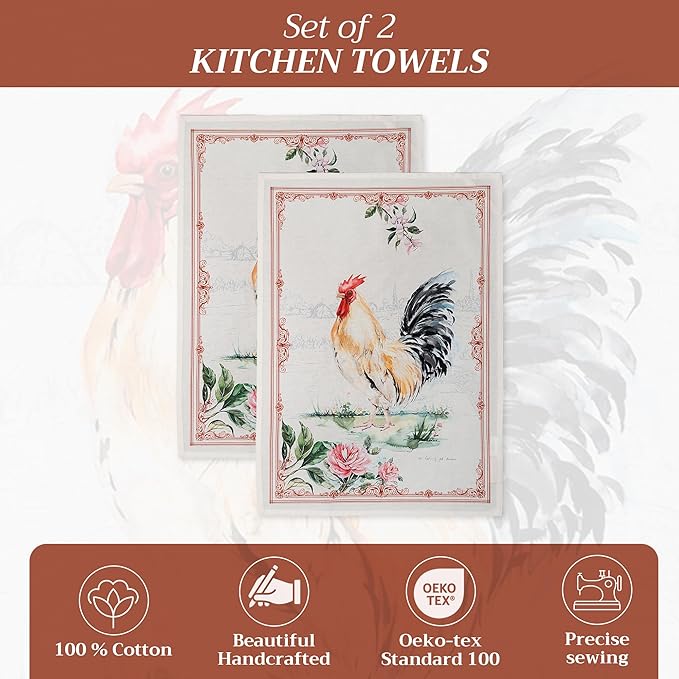 100% Cotton Kitchen Towel Campagne Maison d' Hermine Set of 2 Super Soft Highly Absorbent Hotel Quality Quick Drying Cleaning Dishcloth Tea Bar Towels Spring/Summer (Coq, 20"x27.50")