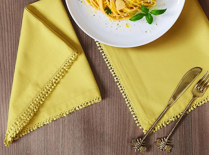 Bedding Craft Cotton Cloth Dinner Napkins Set of 12 – 18x18 Yellow with Decorative Lace Selvedge – Durable Machine Washable Fabric Napkins for Weddings, Baby Showers, Parties & Dining
