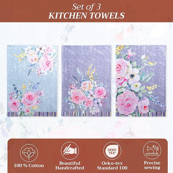 Maison d' Hermine Kitchen Towels Set of 3 100% Cotton 27.50" x 20" Reusable Cloth Tea Dish Towels Absorbent with Hanging Loop for Kitchen, Cocktail Parties Spring/Summer (Sweet Rose Lavender - Lush)