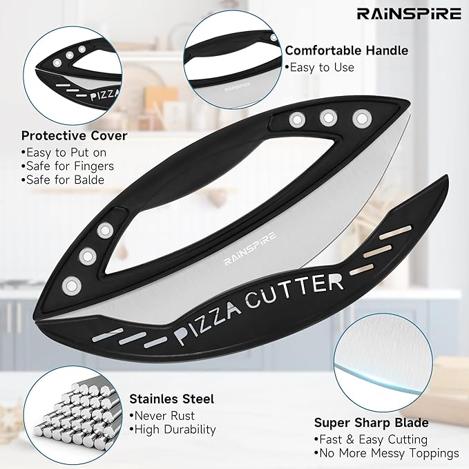 Rainspire 12" Pizza Cutter Rocker Blade Stainless Steel Pizza Rocker with Cover Sharp Blade Pizza Knife Dishwasher Safe Kitchen Gadgets Home Essentials, Black