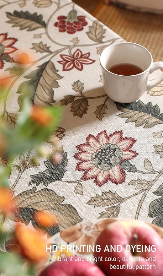 French Tablecloth for Rectangle Tables,Linen Table Cloth with Red Flowers Pattern,Heavy Durable Table Cover for Dining Thanksgiving Kitchen Decor Party Banquet Christmas,55"*87"