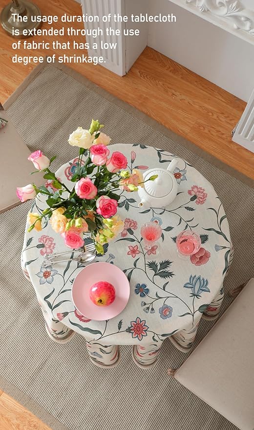 French Tablecloth for Round Tables,Linen Table Cloth with Pink Flowers and Leavs Pattern,Heavy Durable Table Cover for Dining Thanksgiving Kitchen Decor Party Christmas,Diameter 67"