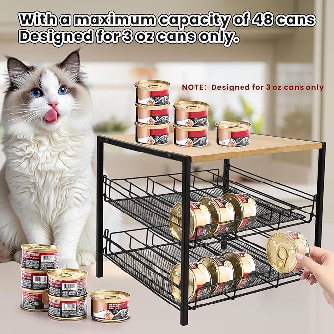 Bamboo & Iron Cat Food Organizer for Pantry, 2-Tier Can Stackable Storage Rack Holds 48 (3oz) Cans, Flat Top for Extra Storage, Automatic Slide-Down Perfect for Pet Food Cans