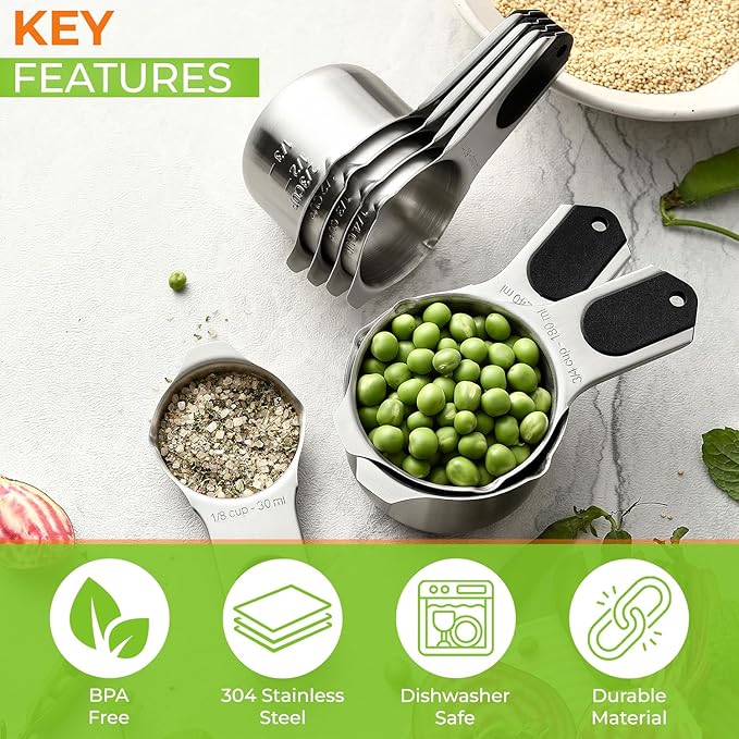 Spring Chef Magnetic Stainless Steel Measuring Cups, Patented, Kitchen Tools with Easy to Read Markings for Measuring Dry or Liquid Ingredients, Set of 7, Black