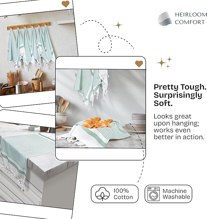 Turquiose Green Turkish Kitchen Towels 16"x26", 5 Pack, 100% Cotton, Ultra Absorbent, Soft, Fast Dry, Machine Washable, Dish Towel with Tassels for Drying Dishes, Cleaning, Wiping