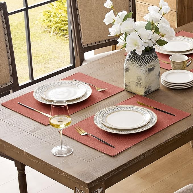 Romanstile Cloth Placemats Set of 8-12 x 18 Inch, Heat Resistant Double Layered Thickened Burlap Fall Place Mats, Washable Faux Linen Farmhouse Table Mats for Kitchen/Dining/Party/Outdoor, Orange