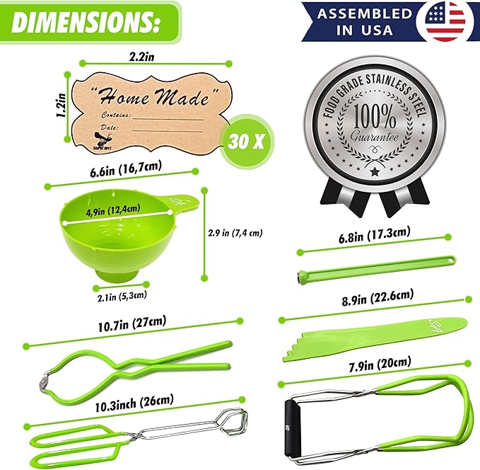 Supa Ant Canning Supplies - USA Assembled & Certified Food Grade Stainless Steel Starter Set Canning Kit for Beginners - Wide Kitchen Funnel, Jar Lifter and Wrench, Bubble Popper/Measurer, Lid Lifter