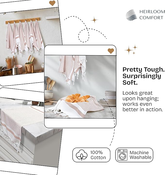 Brown Turkish Kitchen Towels 16x26 Inch, 12 Pack, 100% Cotton, Ultra Absorbent, Soft, Fast Dry, Machine Washable, Dish Towel with Tassels for Drying Dishes, Cleaning, Everyday Use