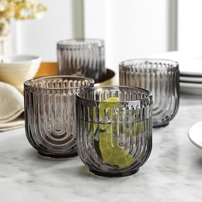 Glaver's Double Old Fashioned Rock Glasses, Set of 4 Smoke Black Whiskey Glasses, 11 oz Art Deco U-Shape Design Embossed Everyday Home Bar Glassware. Art Deco Elegant Kitchen Drinking Glasses.