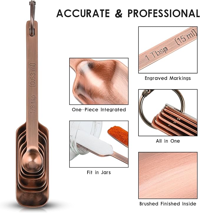 Copper Measuring Spoons Set, 6 Metal Measuring Spoons With Leveler, Long Handle Stainless Steel Measuring Spoons for Dry & Wet Ingredients During Kitchen & Baking