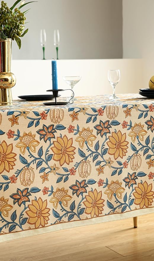 French Tablecloth for Rectangle Tables,Linen Table Cloth with Yellow Flowers Pattern,Heavy Durable Table Cover for Dining Thanksgiving Kitchen Decor Party Christmas,55"*71"