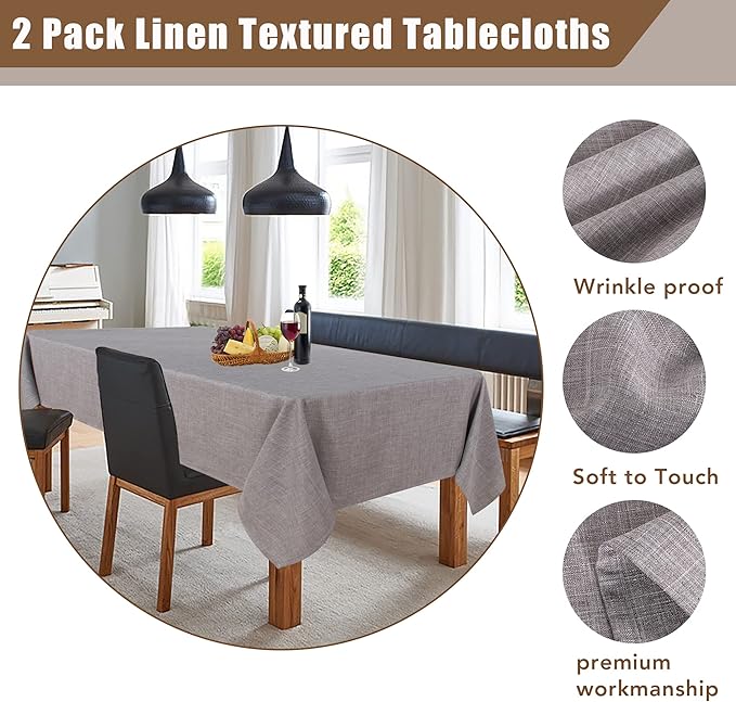 Fitable Textured Linen Tablecloths 2 Pack, Washable Fabric Rectangle Table Clothes for 8 Foot Tables, Rustic Holiday Table Covers for Kitchen Dining, Birthday Party, Farmhouse (Stone, 54 x 120 Inch)