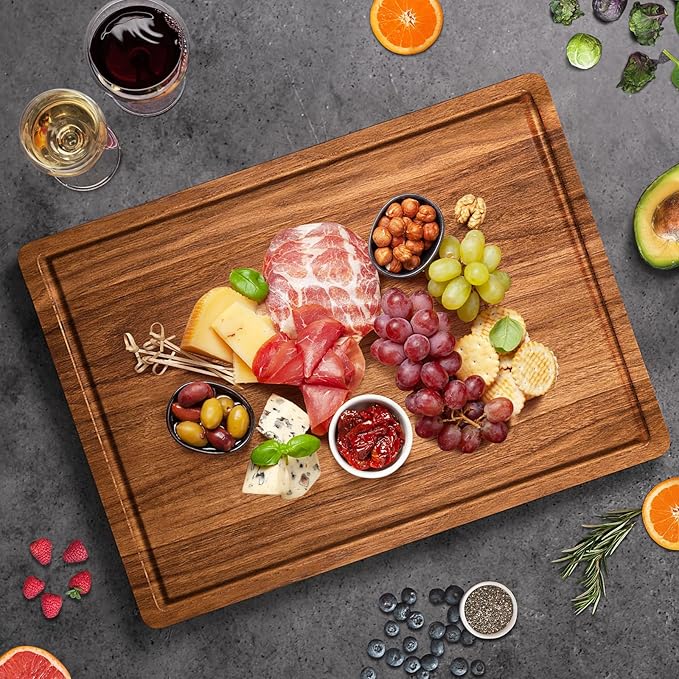 XX-Large Acacia Wood Cutting Board for Kitchen, 24x18x1.2 Inch Reversible Wooden Chopping Board Thick Charcuterie Board with Juice Grooves and Handle for Meat, Cheese, Vegetables, Fruits, Bread