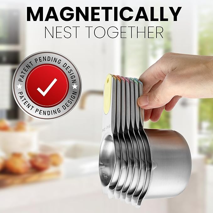 Spring Chef Magnetic Stainless Steel Measuring Cups, Patented, Kitchen Tools with Easy to Read Markings for Measuring Dry or Liquid Ingredients, Set of 7, Pastel