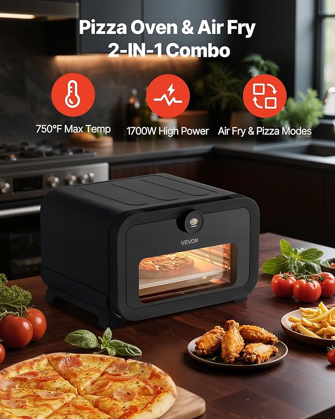 VEVOR Pizza Oven, 8 Presets Electric Pizza Ovens Air Fry Combo, 12-Inch Indoor Pizza Maker Smart Knob Control, 750°F Max Temp, IPX4 Waterproof Countertop Pizza Cooker w/Pizza Stone,Fry Basket