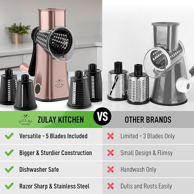 Zulay Kitchen Rotary Cheese Grater 5 Blade Cheese Shredder - Manual Hand Crank Cheese Grater With Reinforced Suction & 5 Interchangeable Drums - Easy to Use, Vegetable Chopper Round Mandoline Slicer