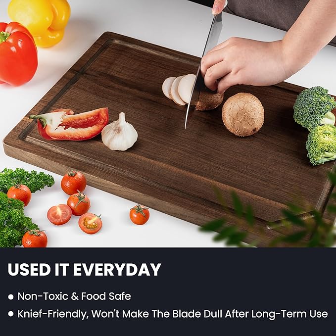 Walnut Wood Cutting Board for Kitchen with Deep Juice Groove & Side Handles, 20”L x 15”W x 1”H, Handcrafted North American Black Walnut Wood Grain, Large Chopping Board, Reversible Butcher Block