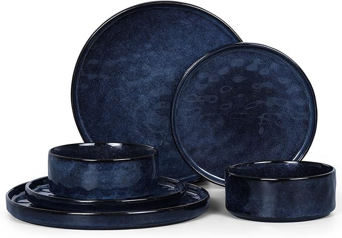 LIANYU Plates and Bowls Sets for 2, 6 Piece Dish Dinnerware Sets, Stoneware Kitchen Dinner Dishware, Microwave & Dishwasher Safe, Cetacean Blue