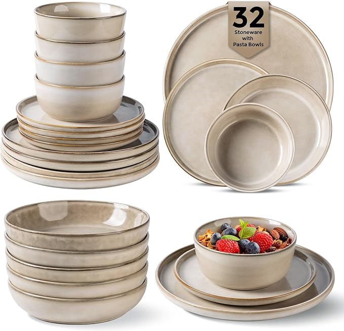 GBHOME 32 Pieces Double Bowls Ceramic Dinnerware Sets for 8, Stoneware Plates and Bowls Set with Reactive Glaze, Scratch Resistant Stoneware Dishes Set, Dishwasher & Microwave Safe