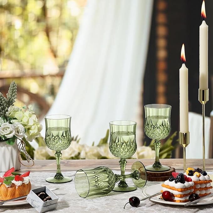 XUWAIDSGN 24 Pcs 7oz Plastic Vintage Wine Glasses Drinking Glasses Unbreakable Wedding Glassware Crystal Water Goblets Reusable Drinkware Vintage Champagne Flutes (24, Dark Green)