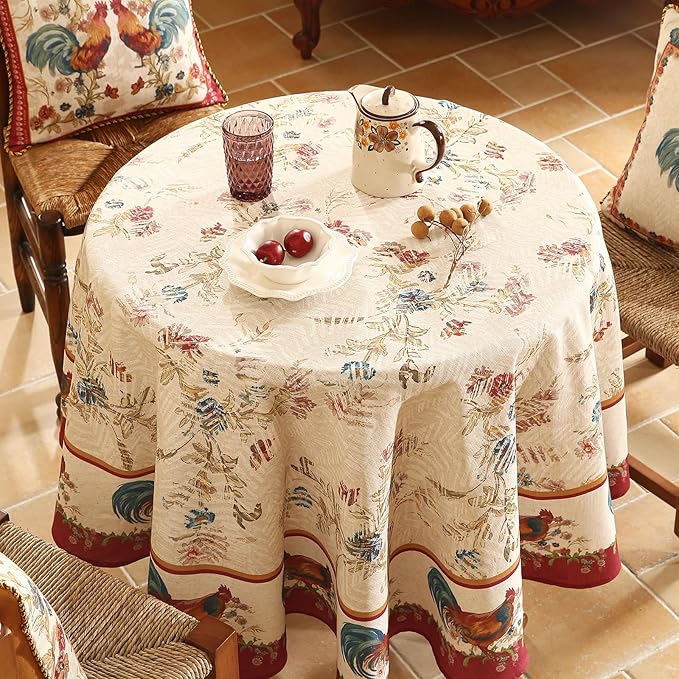 patdrea Designer Red Tablecloth for Round Tables,Vintage Linen with Animals and Flowers Pattern Tablecloths,Farmhouse Floral Table Cover Cloth Decor for Kitchen Dining Christmas,Diameter 55"