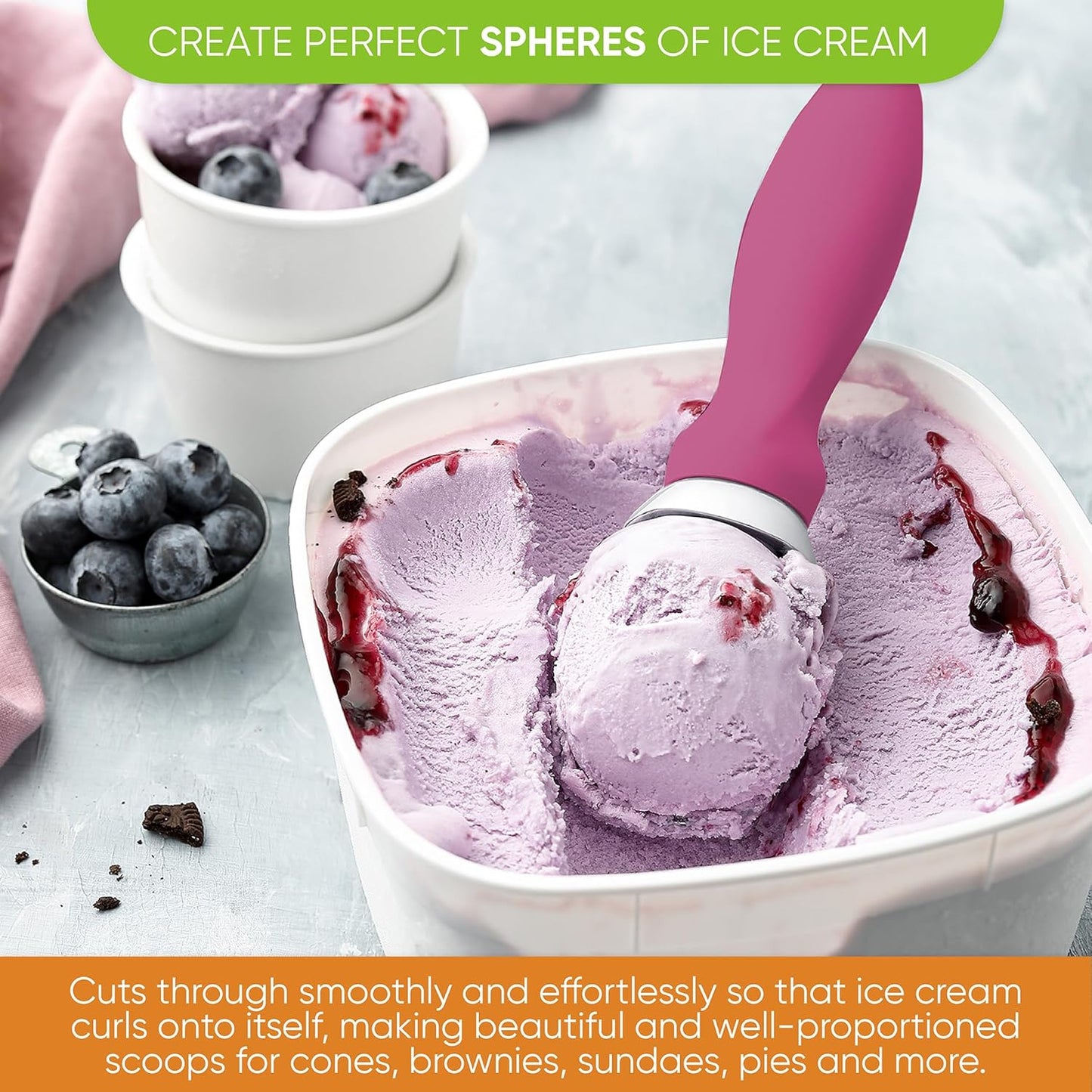 Spring Chef Heavy Duty Metal Ice Cream Scoop with Non-Slip Handle, Premium Ice Cream Spade for Frozen Yogurt, Gelato, Sorbet, Sundae, Melon, Cookie Dough - Dishwasher Safe Kitchen Tool - Magenta