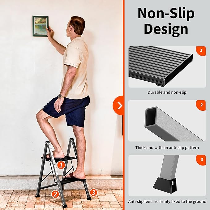 2 Step Aluminum Ladder, 800 lbs Capacity, Folding Step Stool for Adults, Anti-Slip Sturdy and Wide Pedal, Lightweight and Portable Stepladder for Home,Office, Grey