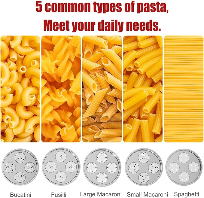 Metal Gourmet Pasta Press Attachment for KitchenAid Stand Mixer – Durable Pasta Maker Attachment with 5 Interchangeable Plates for Spaghetti, Bucatini, Fusilli, Large & Small Macaroni