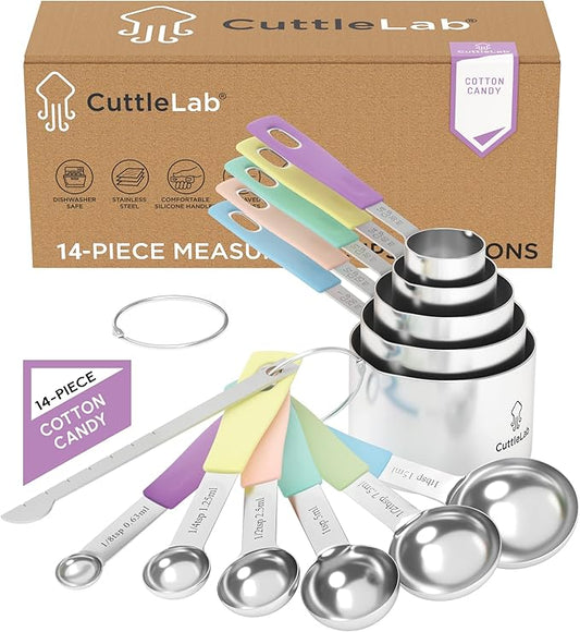 Measuring Cups and Measuring Spoons Set of 14 - Stainless Steel Measuring Cups and Spoons Set, Includes 1/8 Teaspoon Measuring Spoon, 1/8 Cup Measuring Cup, Leveler Dry (14,Cotton Candy)