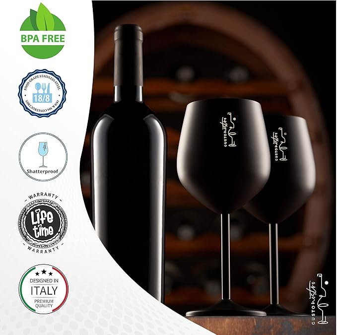 Gusto Nostro Stainless Steel Wine Glass - 18 oz - Unbreakable Black Wine Glasses for Travel, Camping and Pool - Fancy, Unique and Cool Portable Metal Wine Glass for Outdoor Events, Picnics (Set of 4)
