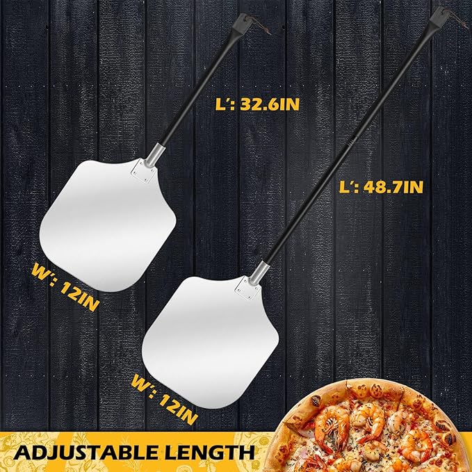 Leonyo 12IN Pizza Peel with Cutter, Aluminum Pizza Turning Peel Spatula Paddle in Long Adjustable Handle with Cutter Rocker(Extent Length 38.5IN to 49IN)