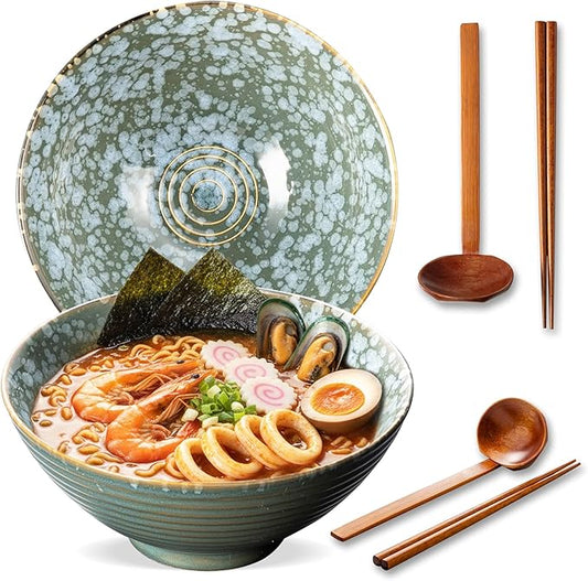 8 Inch Ceramic Ramen Bowl Set of 2, 40oz Japanese Bowls with Spoons & Chopsticks,Durable,Microwave & Dishwasher Safe,Perfect for Ramen,Pho,Salad,Soup,Noodles，Mixing bowls（Jade Green）