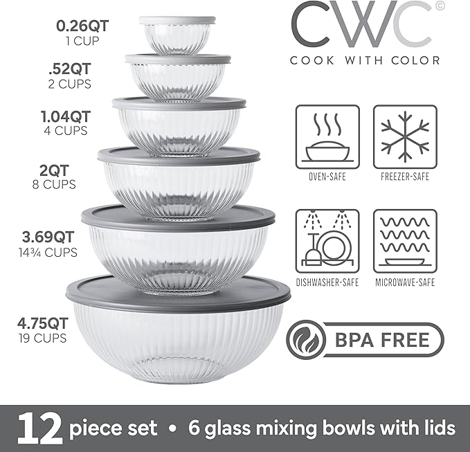 COOK WITH COLOR 12 Pc Glass Mixing Bowl Set with Lids – Borosilicate Glass Nesting Bowls for Cooking, Baking and Meal Prep, Fluted Grey