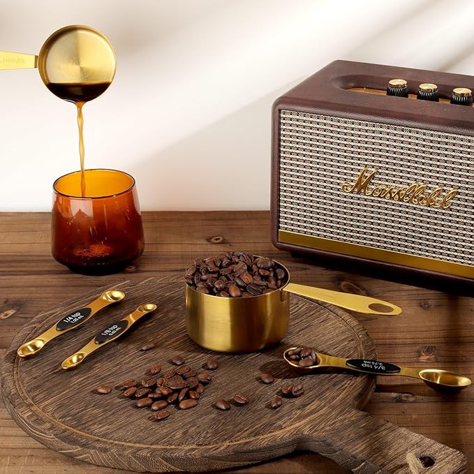 GuDoQi Gold Magnetic Measuring Spoons and Cups Set of 12, 8 Dual Sided Magnetic Measuring Spoons set with Leveler, 4 Measuring Cups, Premium Stainless Steel, Measuring for Liquid and Dry Ingredients